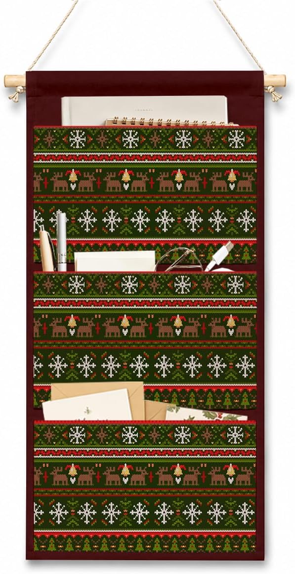 IAXIC Christmas Decor Knitted Reindeer Canvas Wall Art Hanging Organizer