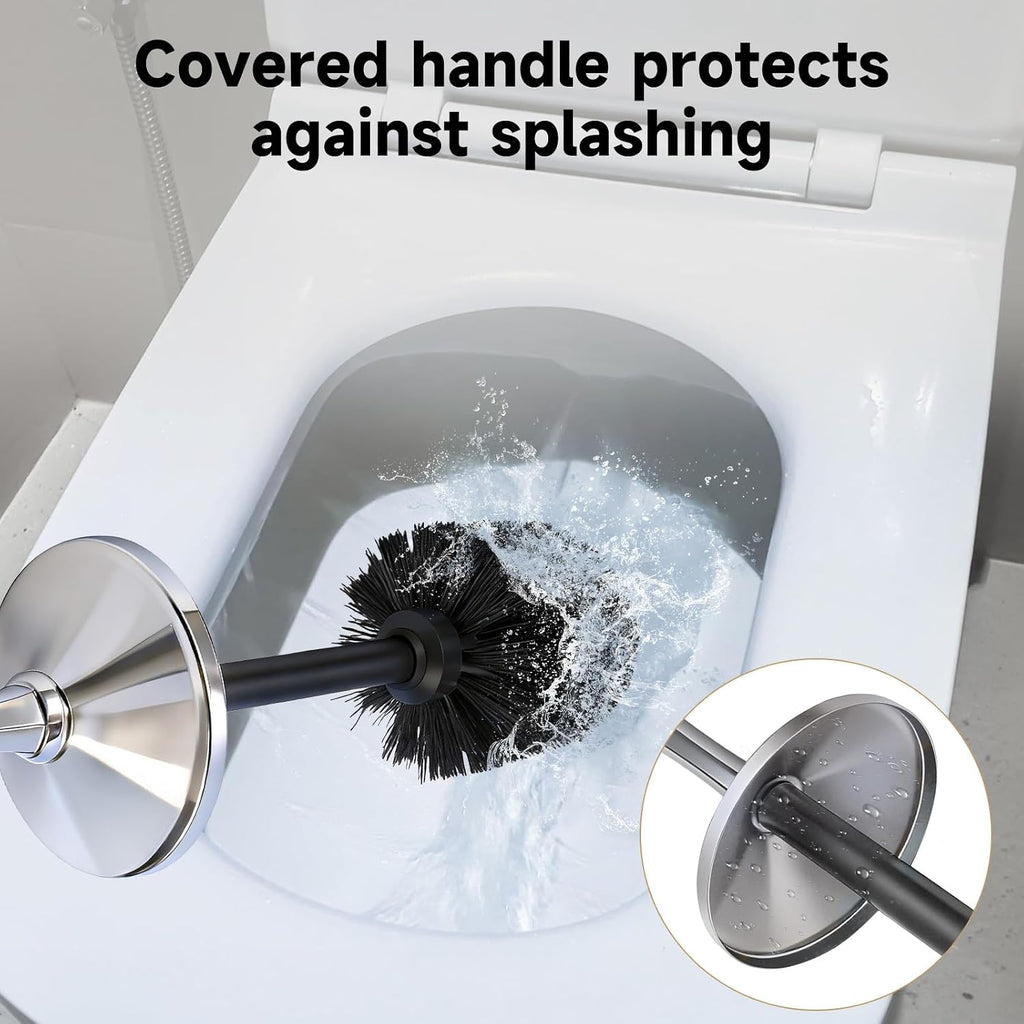 Silver Toilet Brush and Holder，Extra Long Handled Toilet Brush for Bathroom，Stainless Steel Heavy Duty Toilet Bowl Brush,Deep Cleaning Modern Toilet Cleaner Brush -Space Saving, Covered Brush