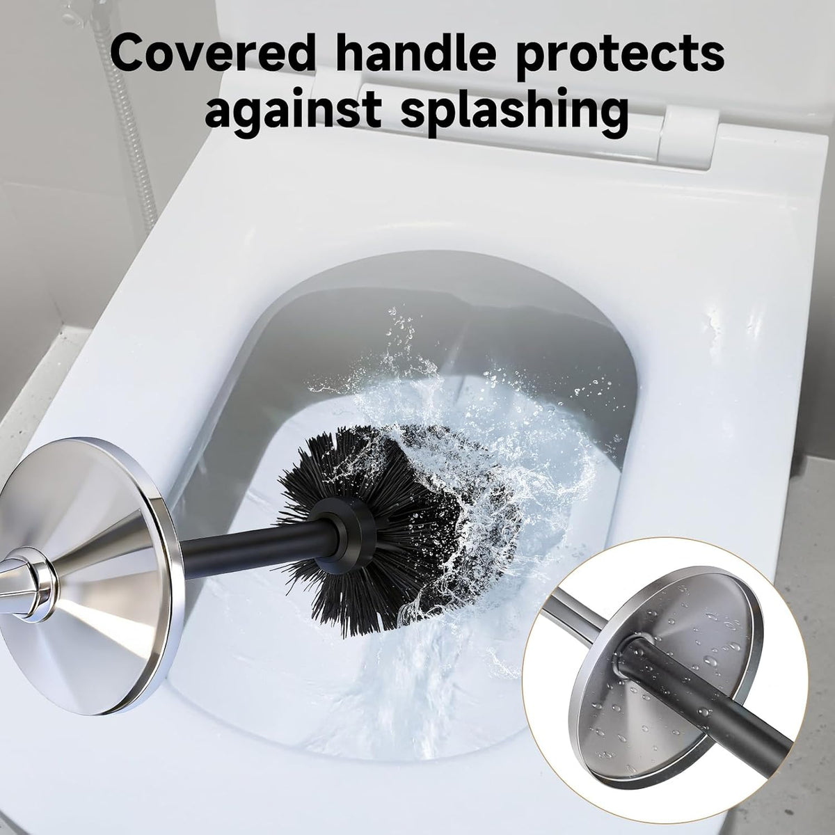Silver Toilet Brush and Holder，Extra Long Handled Toilet Brush for Bathroom，Stainless Steel Heavy Duty Toilet Bowl Brush,Deep Cleaning Modern Toilet Cleaner Brush -Space Saving, Covered Brush