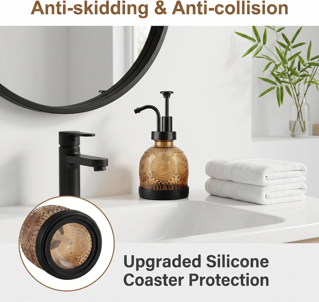 Glass Hand and Dish Soap Dispenser Set, Vintage Farmhouse Refillable Soap Dispenser with Black Pump & Non-Slip Mat, for Bathroom Kitchen Shampoo Lotion, Rustic Antique Decor (2 PCS, Brown)
