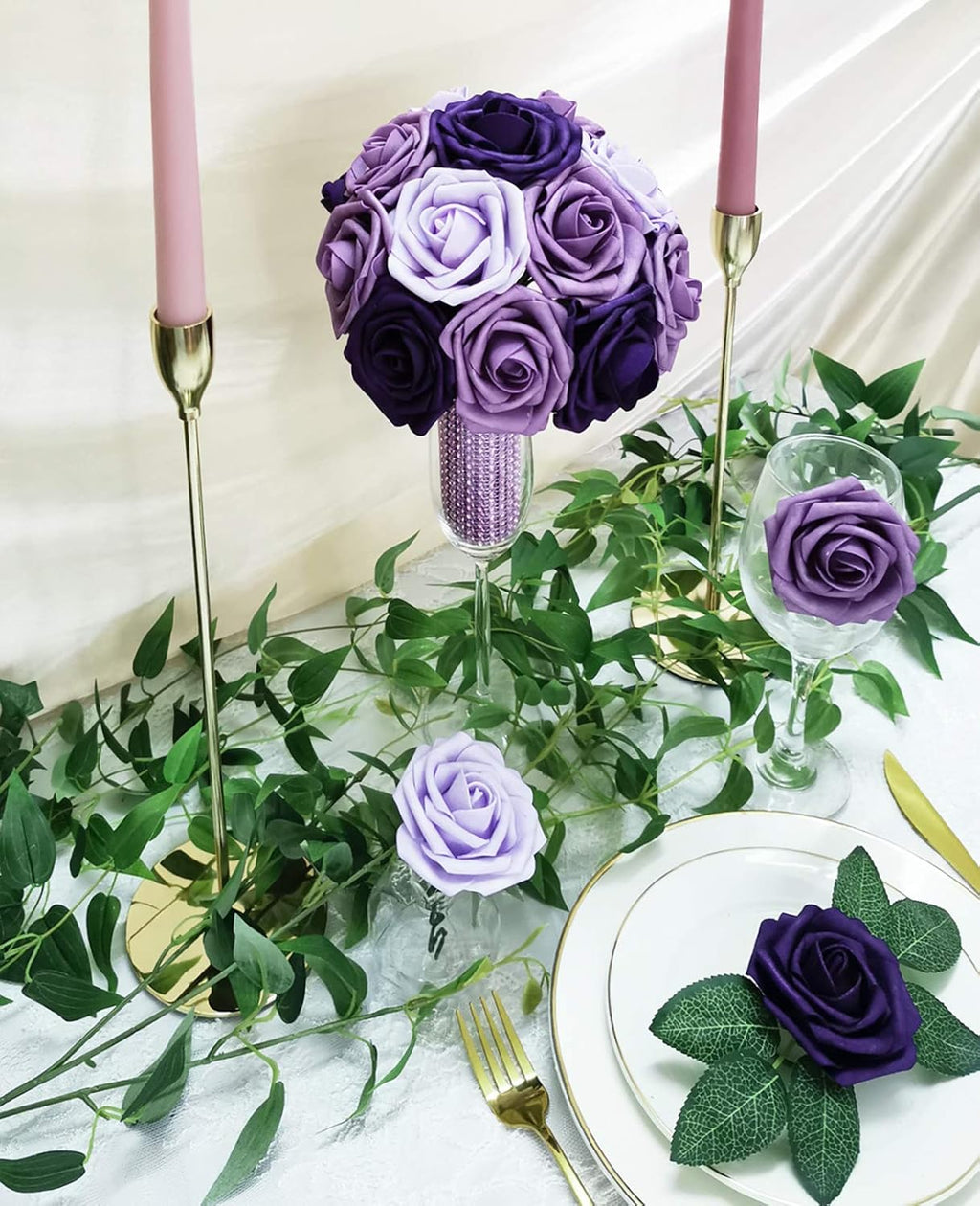 Artificial Flowers 25PCS Real Looking Ombre Colors Purple Fake Roses with Stem for DIY Wedding Bouquets Centerpieces Baby Shower Party Home Decorations