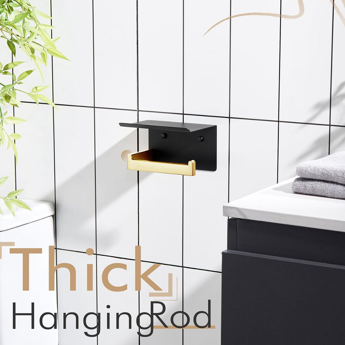KOKOSIRI Toilet Paper Holders with Shelf Bathroom Toilet Paper Roll Holder Wall Mounted T-304 Stainless Steel, Matte Black and Gold B2010GDK (Pack of 2)