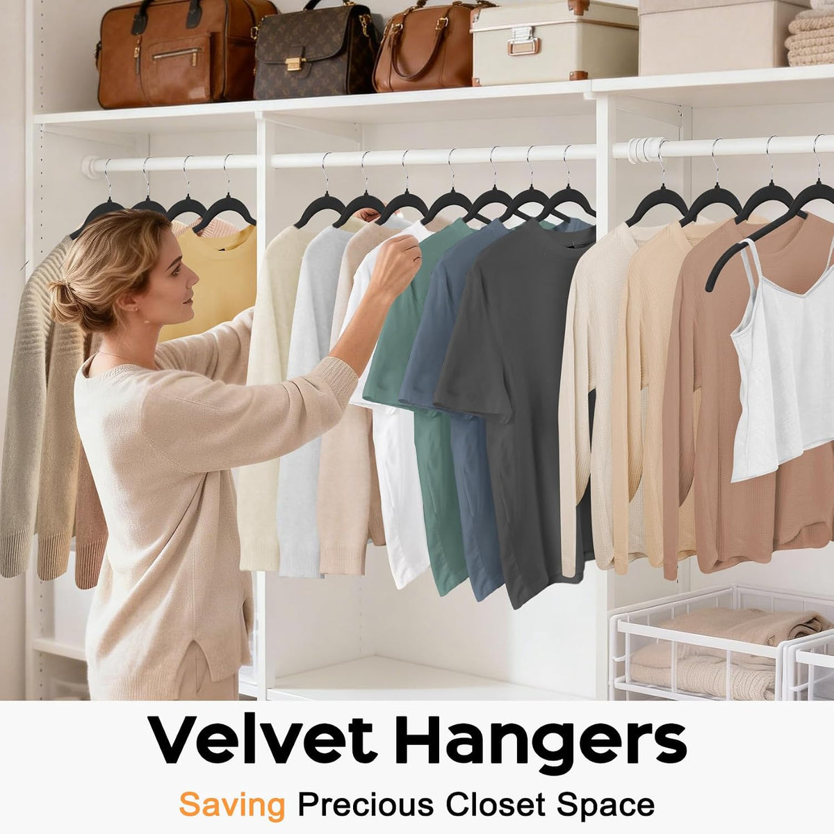 50 Pack Black Velvet Hangers Shirts, Non-Slip Felt Clothes Hangers 360°Swivel, Holds up to 10 lbs Slim Flocked Space Saving Coat Hangers for Pants Tank Top Dresses Closet Organizers, Black