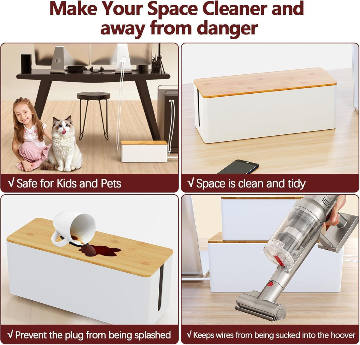 2-Pack Cord Organizer Box with Lids, White Cable Management Box Set, No-Drill Charger & Computer Wire Organizers for Desk, TV, Router, Computer, and Outlets in The Office, Study, Kitchen Areas