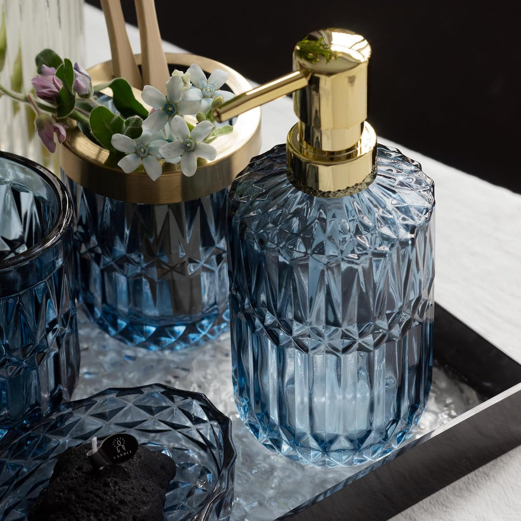 EMPO 12oz Crystal Glass Soap Dispenser with Rust Proof Stainless Steel Pump, Refillable Hand Soap Dispenser for Kitchen Sink, Bathroom Dispenser for Dish Soap, Lotion, Diamond Design (Blue)
