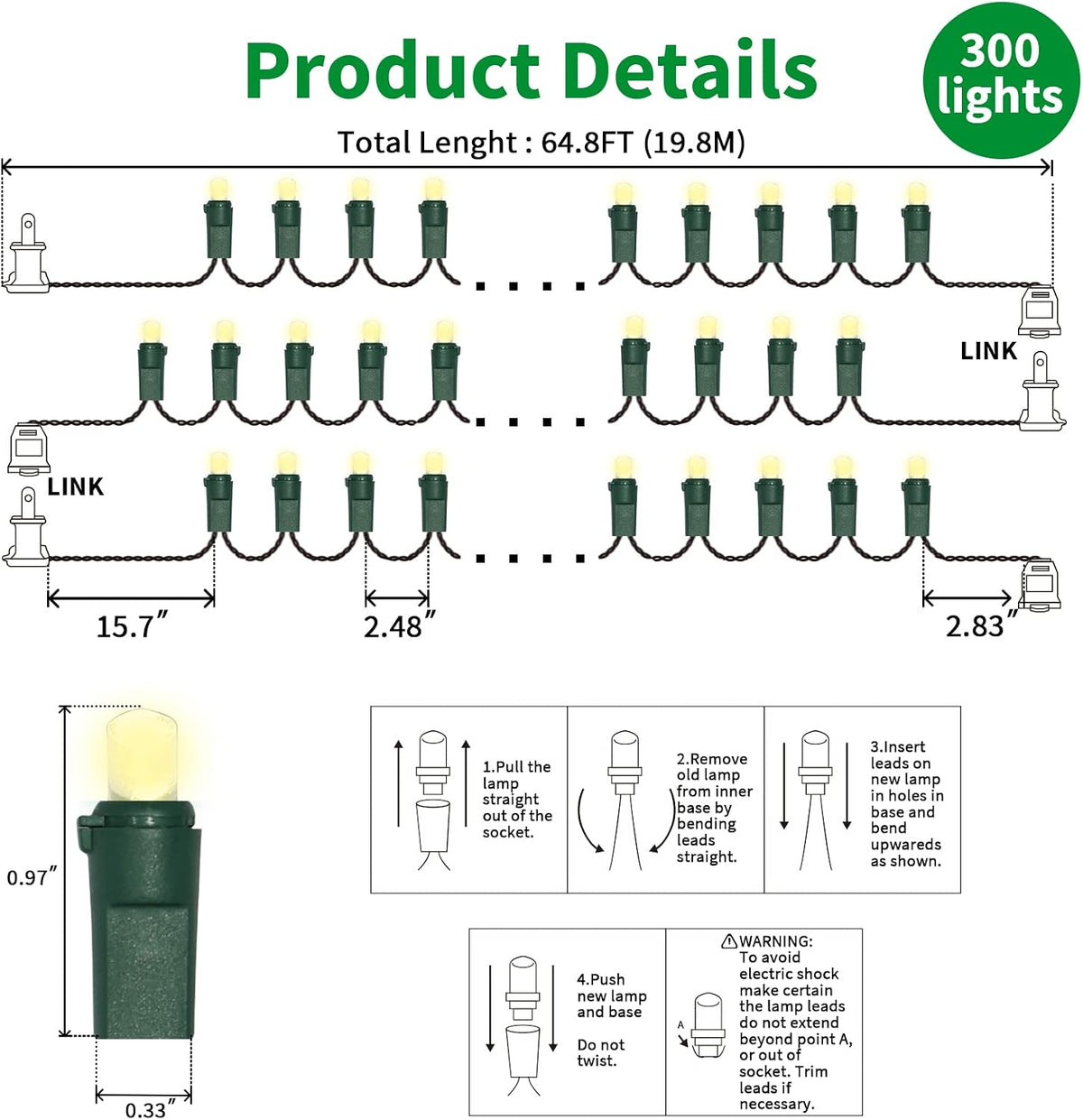 LAMPHOME 300 LED Warm White Christmas Lights, 64.8 Ft Ultra Bright Waterproof Christmas Mini Tree String Lights with Green Wire for Indoor and Outdoor Use, Christmas Trees, Holidays, Patios Garden