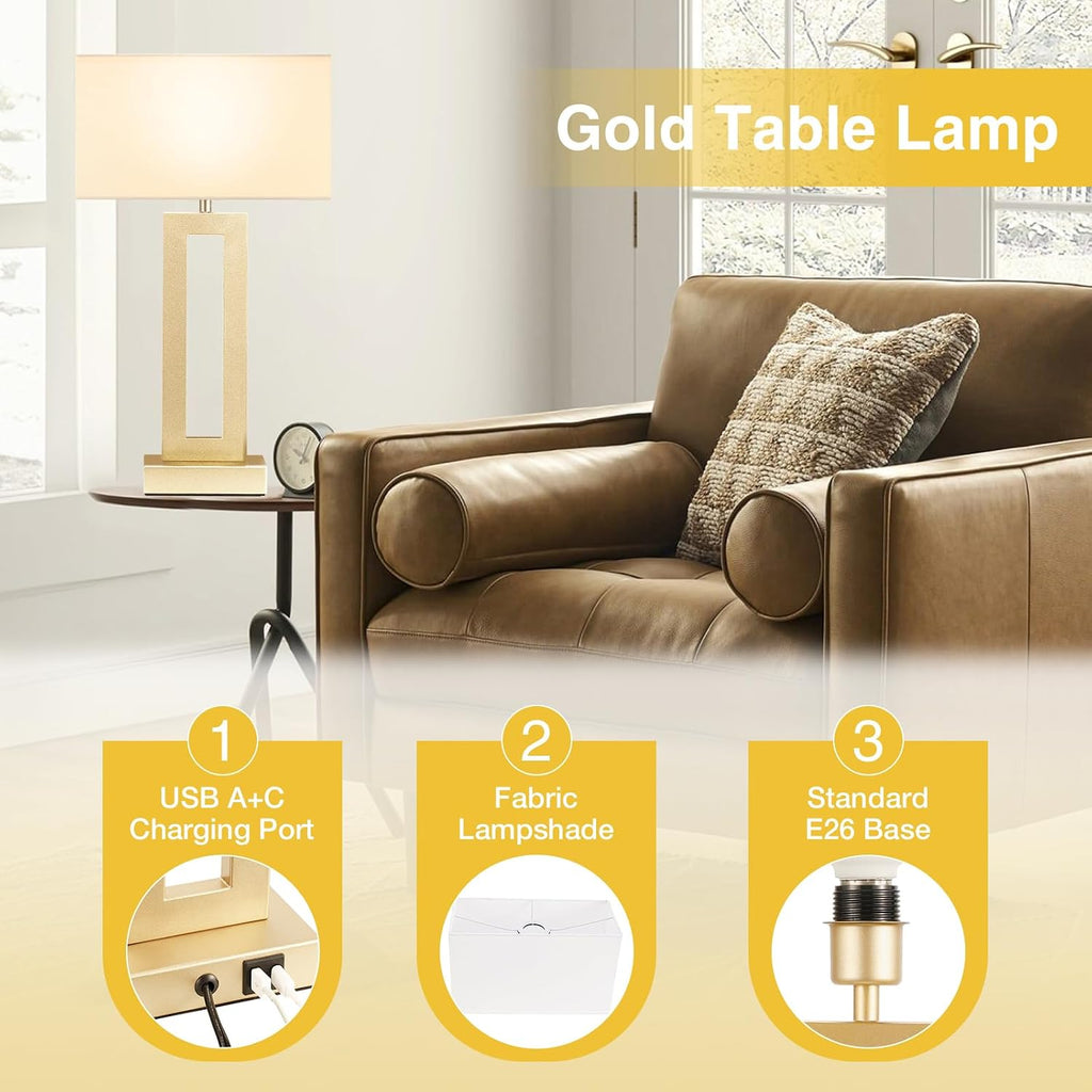 22" Tall Touch Lamps for Nightstand with USB C+A, 3 Way Dimmable Gold Lamp