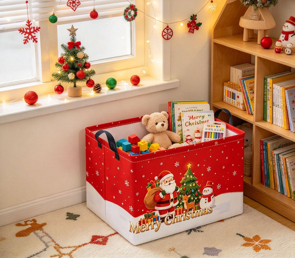 Rectangular Storage Basket for Boys Kids Basket Storage Bin Organizer Box(Red Snow Christmas)