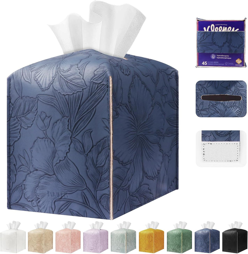 Square Tissue Cube Cover PU Leather Tissue Organizer with Bottom Belt for Bathroom, Tabletop, Kitchen, Night Stands, Office, Home, Car (Oceanblue)