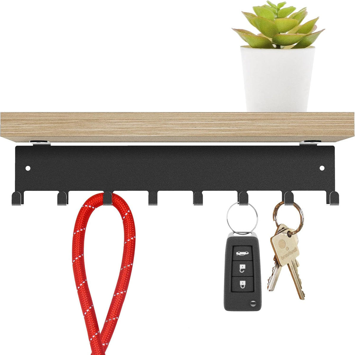 Sturdy Steel Wall Key Holder with Natural Bamboo Shelf. Metal and wooden key hanger with Hooks for Car, Apartment, Storage, Keys