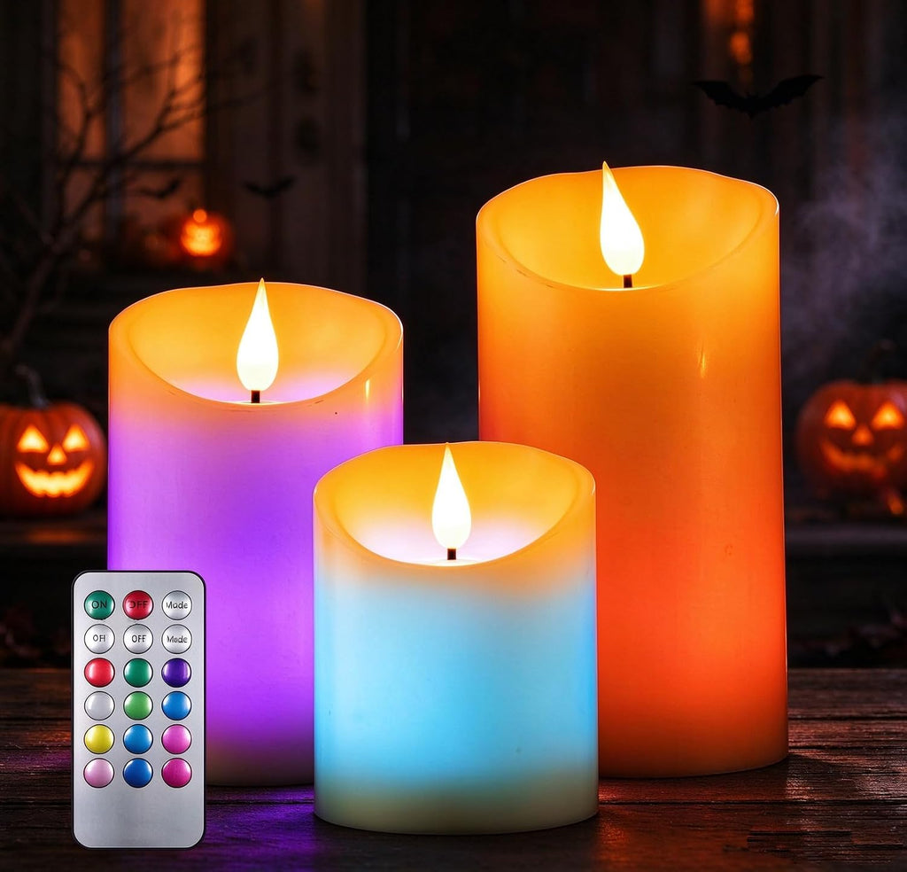 Flameless LED Color Changing Candles, Battery Operated Candle with Remote Control and Timer, Realistic Flame, Dimmable, Pillars for Halloween Decoration, D3''xH4''5''6'', 3Pcs
