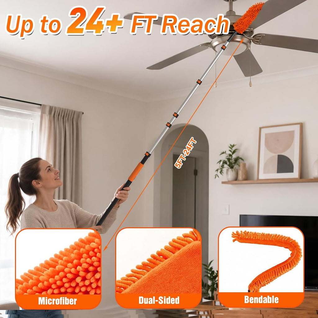 SISUPASSIE 30FT Reach High Ceiling Duster Kit, Window Cleaning kit with 5-24FT Extension Pole, Fan Duster for Ceiling Fan Blades, Microfiber Feather Duster, Rotatable Window Squeegee and Cobweb Duster