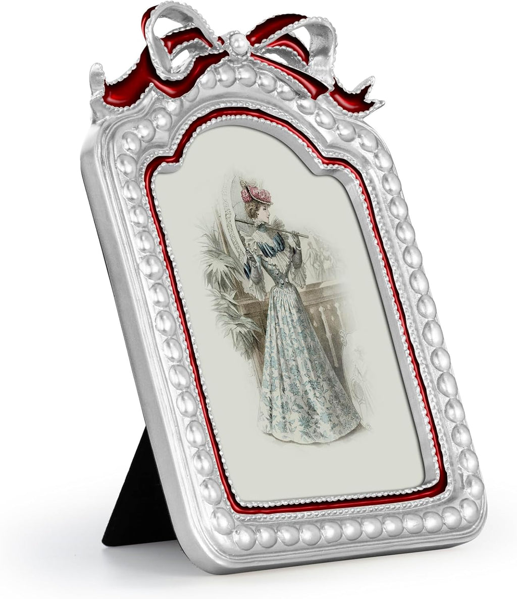 GUOER Vintage 5x7 Picture Frame with Bow Antique Ornate Table Top and Wall Mounting Photo Frame with High Definition Glass Front for Home Decor, Photo Gallery, Art(5x7, Silvery & Red)