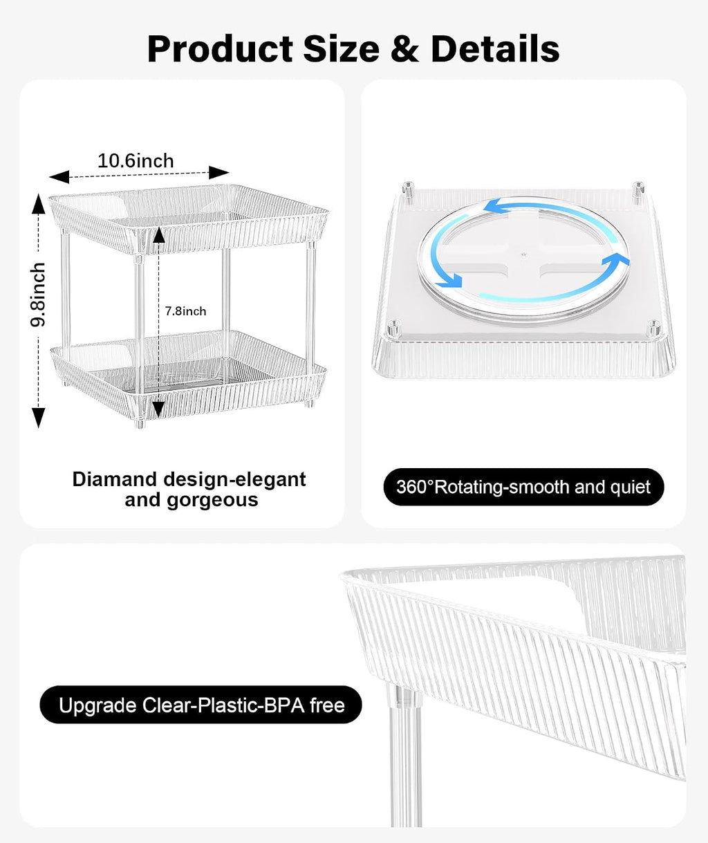2 Tier Lazy Susan Bathroom Countertop Organizer, 360° Clear Rotating Square Storage Tray, Cosmetics and Perfume Organizer, Spinning Storage Tray Vanity Organizer Shelf for Bathroom Cabinet, Kitchen