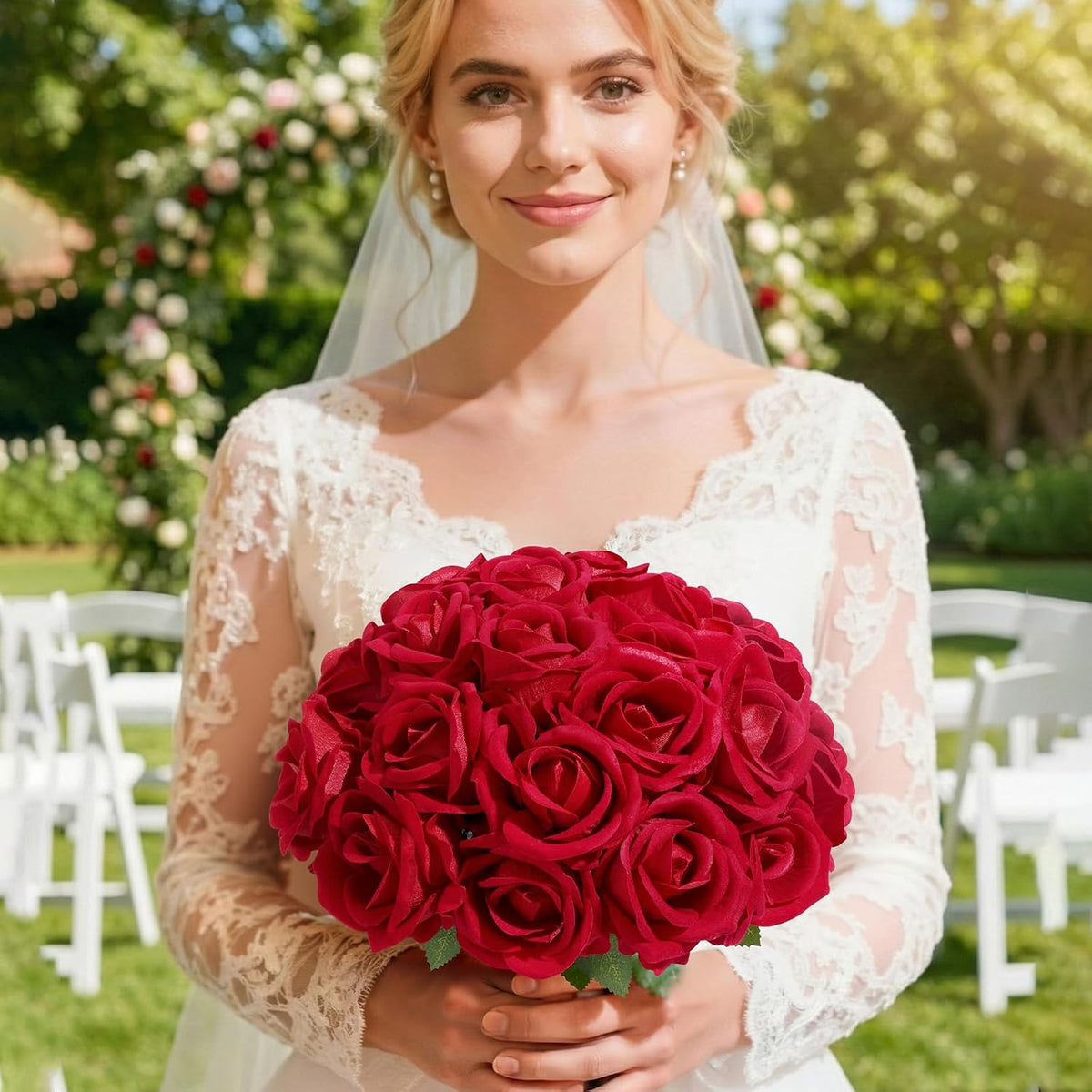 Lifewit Classic Red Artificial Roses Flowers, Faux Long Stem Roses Bulky