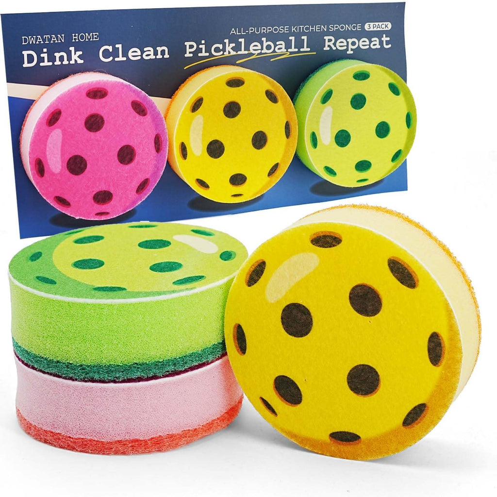 Pickleball Cleaning Sponge Set of 3, Colorful Triple-Layer Kitchen Sponges with Scrubby Base, Fun Pickleball Gifts for Women & Men, Gift-Ready Packaging, Multi-Color