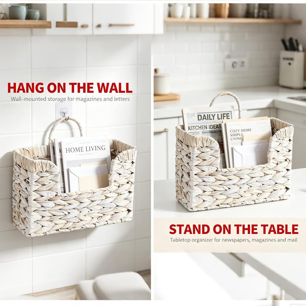 Hanging Magazine Basket, Woven Wall Magazine Holder Organizer with Handle for Mail, Files, Books - Water Hyacinth Farmhouse Storage Rack for Bathroom, Kitchen, Office (1, White)