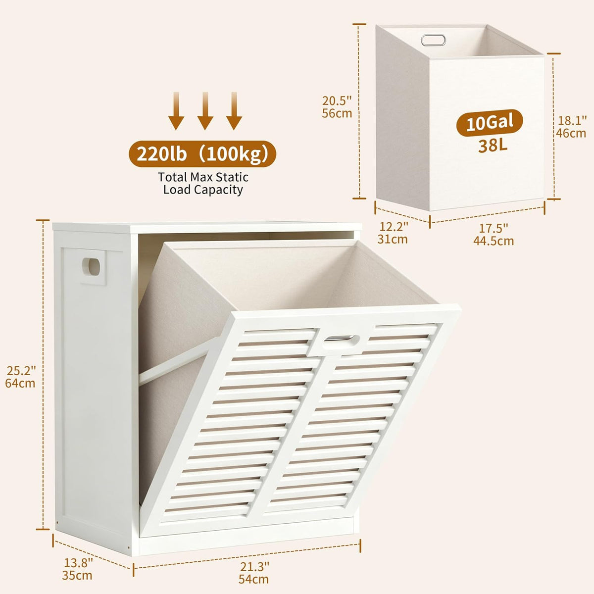 VASMIA Tilt Out Laundry Hamper, Bamboo Laundry Cabinet with Hidden Removable Basket,Dirty Clothes Storage Organizer for Bedroom, Bathroom, Living Room, White