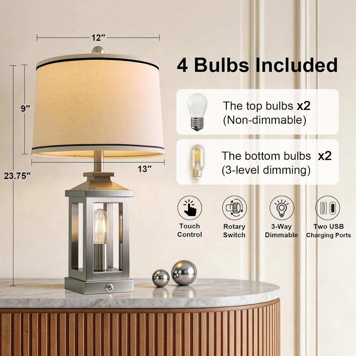 Modern Table Lamps Set of 2 for Living Room 23.75" Bedroom Nightstand Lamps