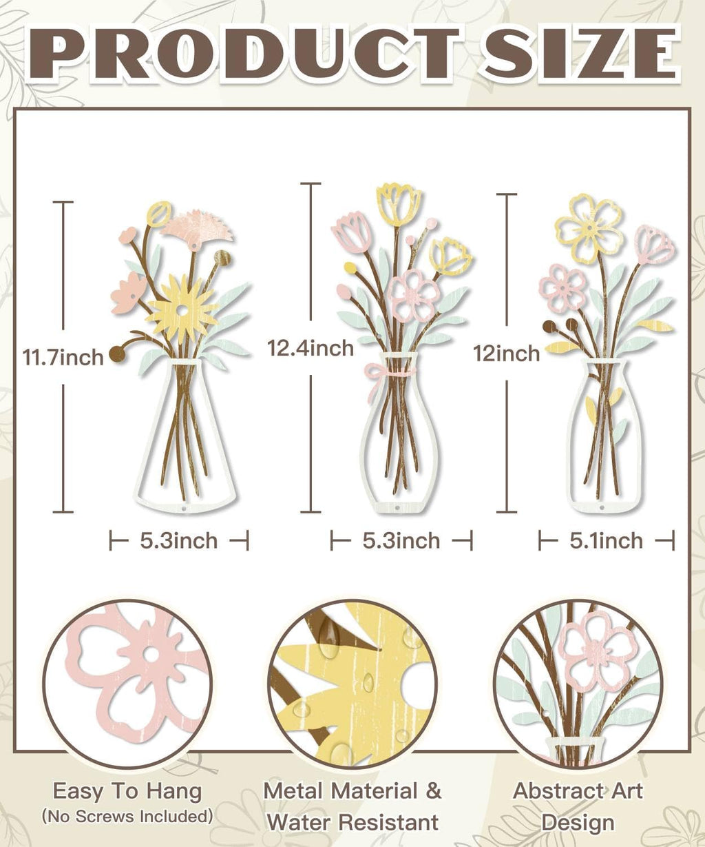Putuo Decor Metal Flower Vase Wall Art, 3 Pieces Rustic Minimalist Floral Farmhouse Wall Decor for Living Room Bathroom Kitchen, Bedroom Dining Room, Housewarming Gifts