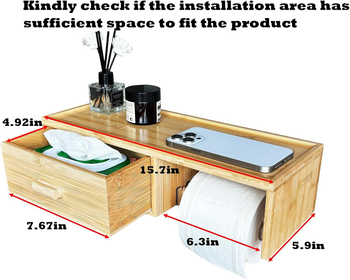 Large Bamboo Toilet Paper Holder with Shelf,Wall Mount Bathroom Holder with Wet Wipes Storage Drawer(Natural)