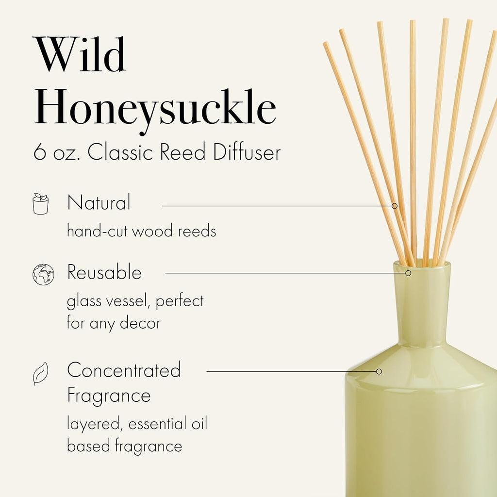 LAFCO New York Classic Reed Diffuser, Wild Honeysuckle - 6 oz - Up to 3 Months Fragrance Life - Reusable Glass Vessel - Natural Wood Reeds - Made in the USA