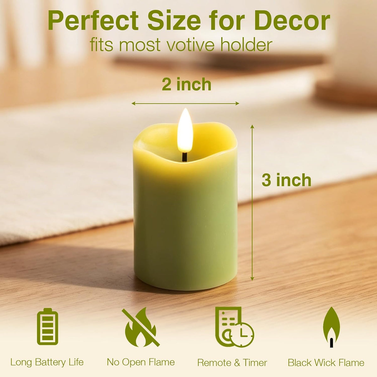 Sage Green Flameless Votive Candles with Remote Batteries Set of 6