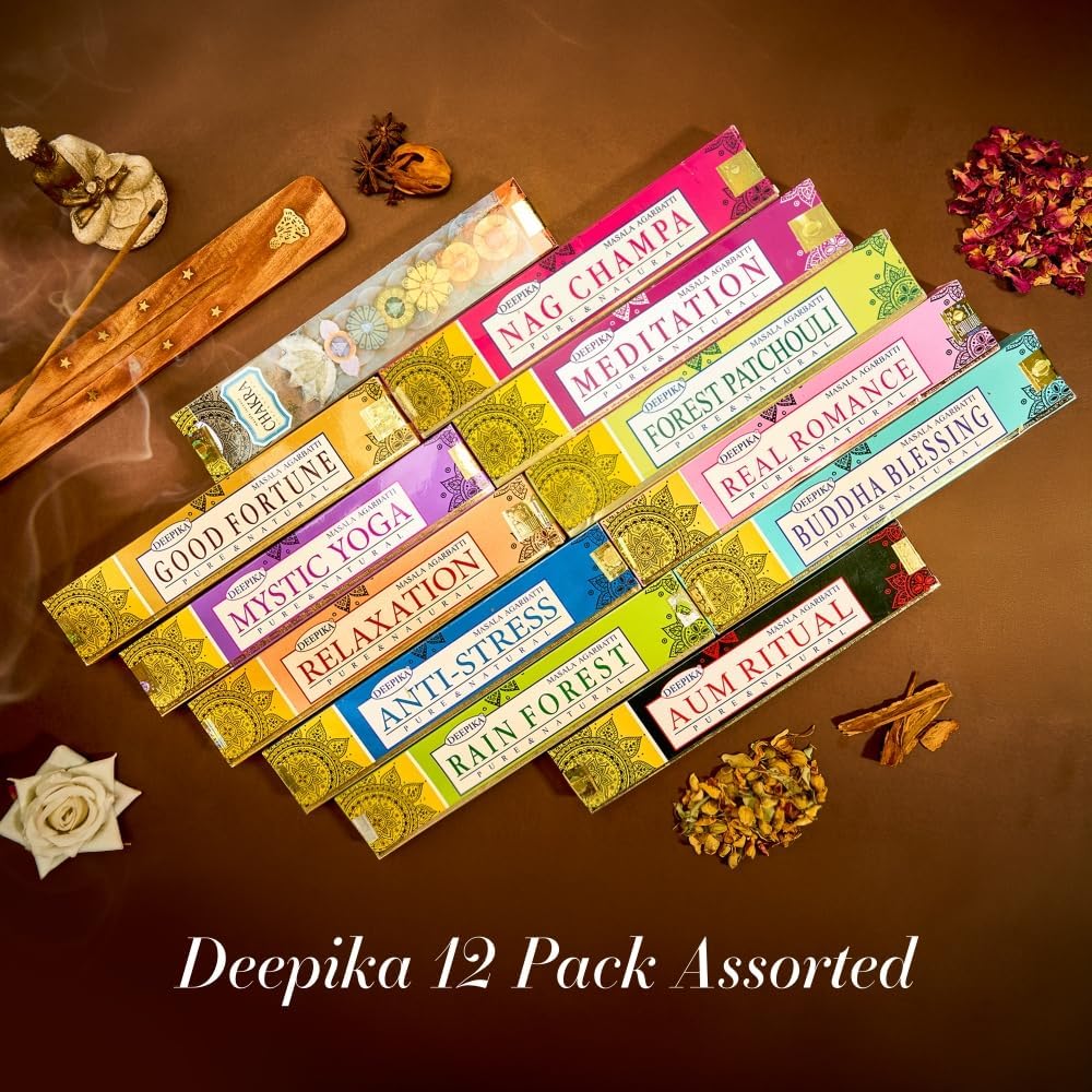 Deepika 12 Pack Assorted Pack 15 Gram x 12 Packs (180 Sticks) for Meditation, Aromatherapy, Healing and Yoga