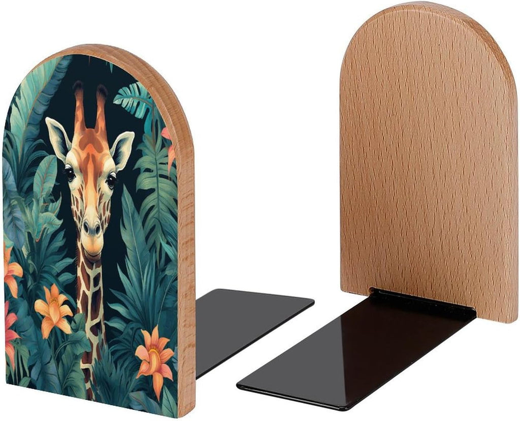 Giraffe Vintage Jungle Book Ends Decorative Wood Bookends for Shelves Kids Room Desk Home Office Book Stoppers for Magazines,Books, DVDs, 1 Pair/2 Pieces(5x3.1 in)