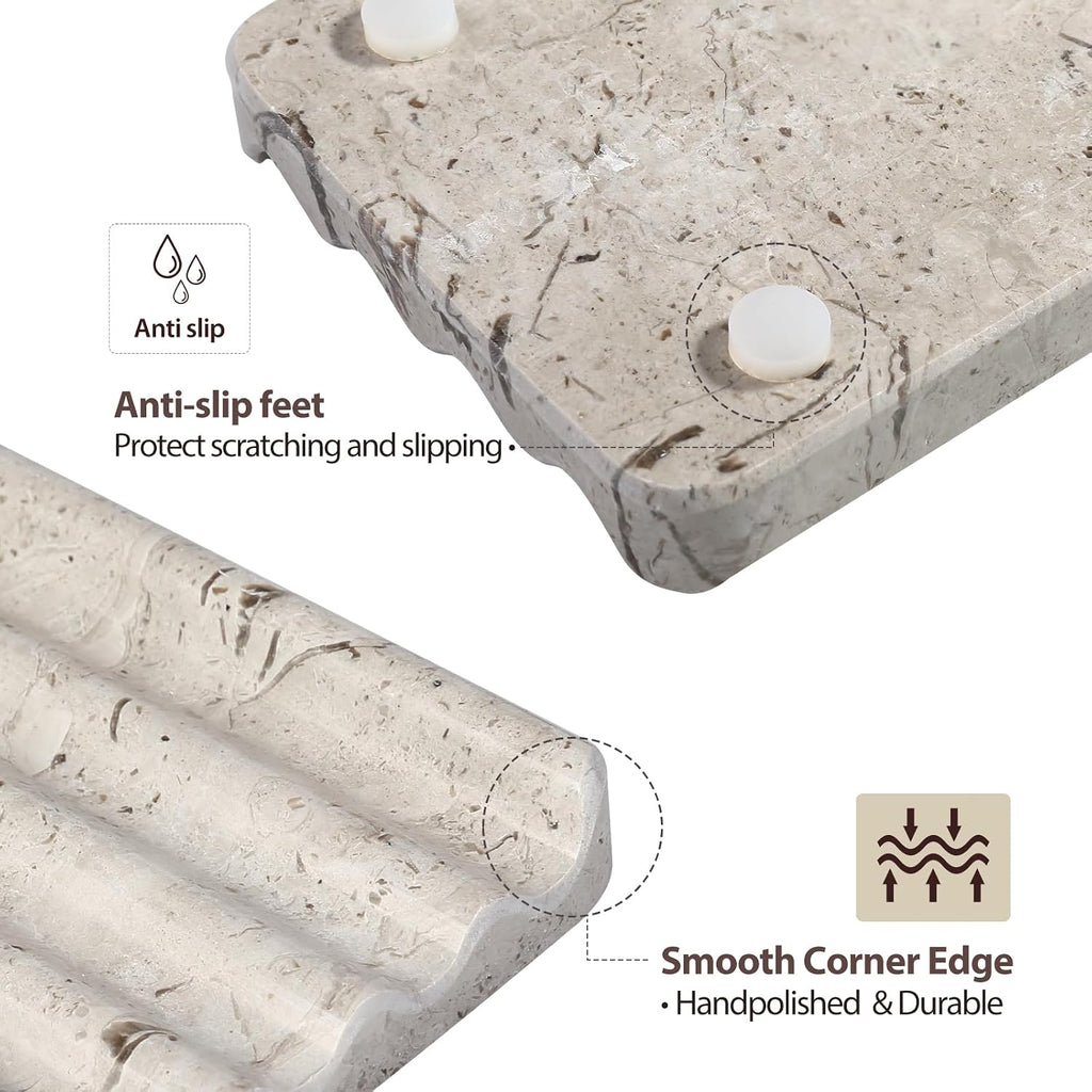 Koville Natural Grey Marble Soap Dish for Shower, Stone Soap Tray for Bathroom, Gray Bar Soap Holder for Sink, Stripe Grooves Soap Saver Stone Dish Keep Bars Dry Easy Clean