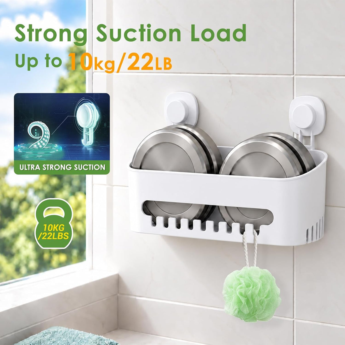 LUXEAR Suction Cup Shower Caddy, No Drilling Shower Caddy, White