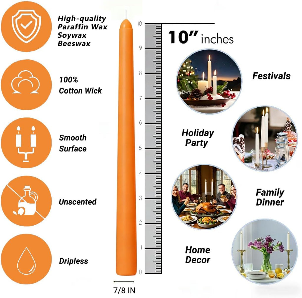 20-Pack Orange Taper Candles Unscented, 10 Inch Tall Dinner Table Candlesticks for Halloween Fall Wedding Centerpieces, Bulk Tapered Candles Smokeless Dripless, Decorative Candle for Home Decor
