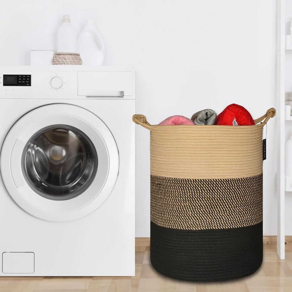 COMSE Tall Woven Blanket & Laundry Basket, 72L, Brown & Black