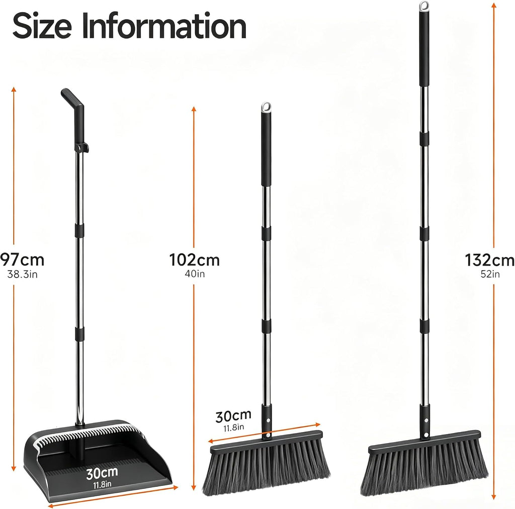 Broom and Dustpan Set, 52" Long Handle with Dust Pan Teeth, Black