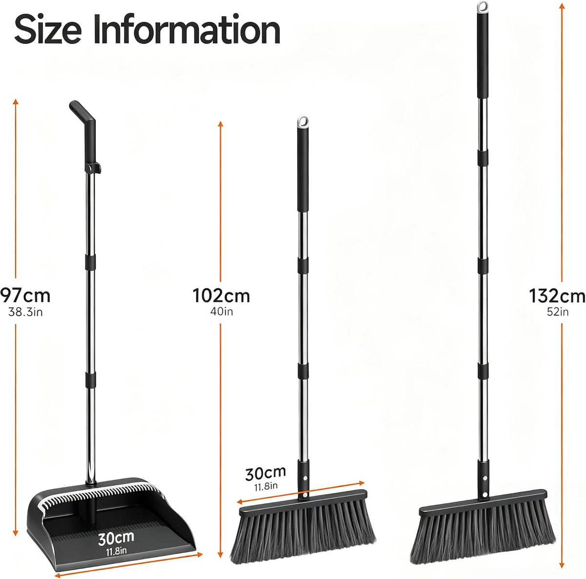 Broom and Dustpan Set, 52" Long Handle with Dust Pan Teeth, Black