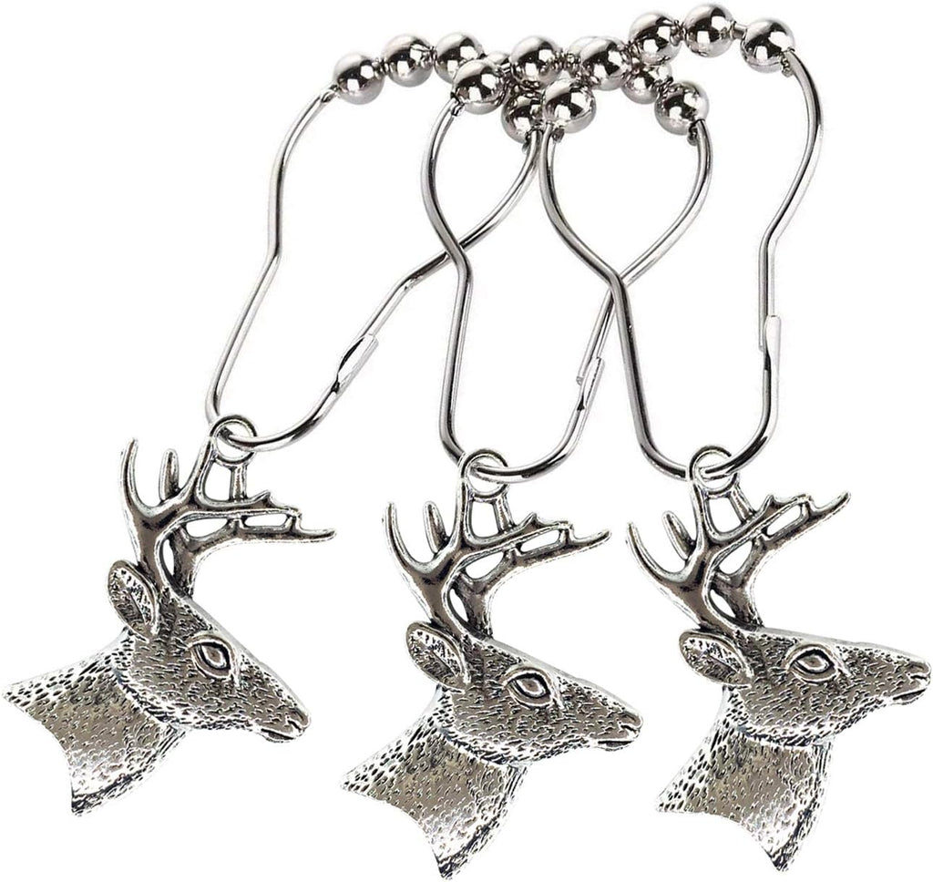 Set of 12 Deer Shower Curtain Hooks Rings Rustic Cabin Bath Christmas Theme Decoration Reindeer Antlers Stag Woodland Stainless Steel Rustproof (Silver)