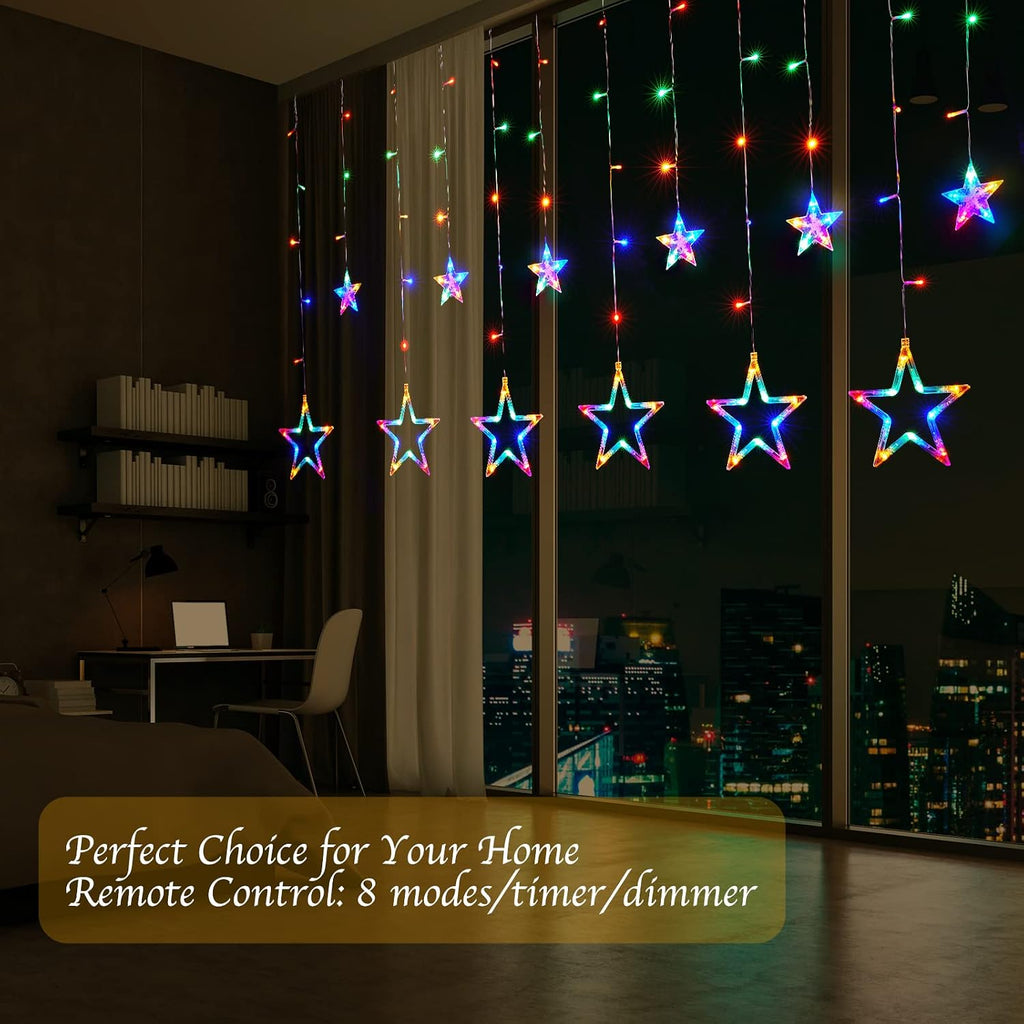 Star Curtain Lights for Bedroom - Plug-in 9ft 138 LED Fairy Twinkle Lights with 12 Star Drops, Connectable Window Lights with Remote 8 Lighting Modes for Indoor Xmas Ramadan Decoration, Multicolored
