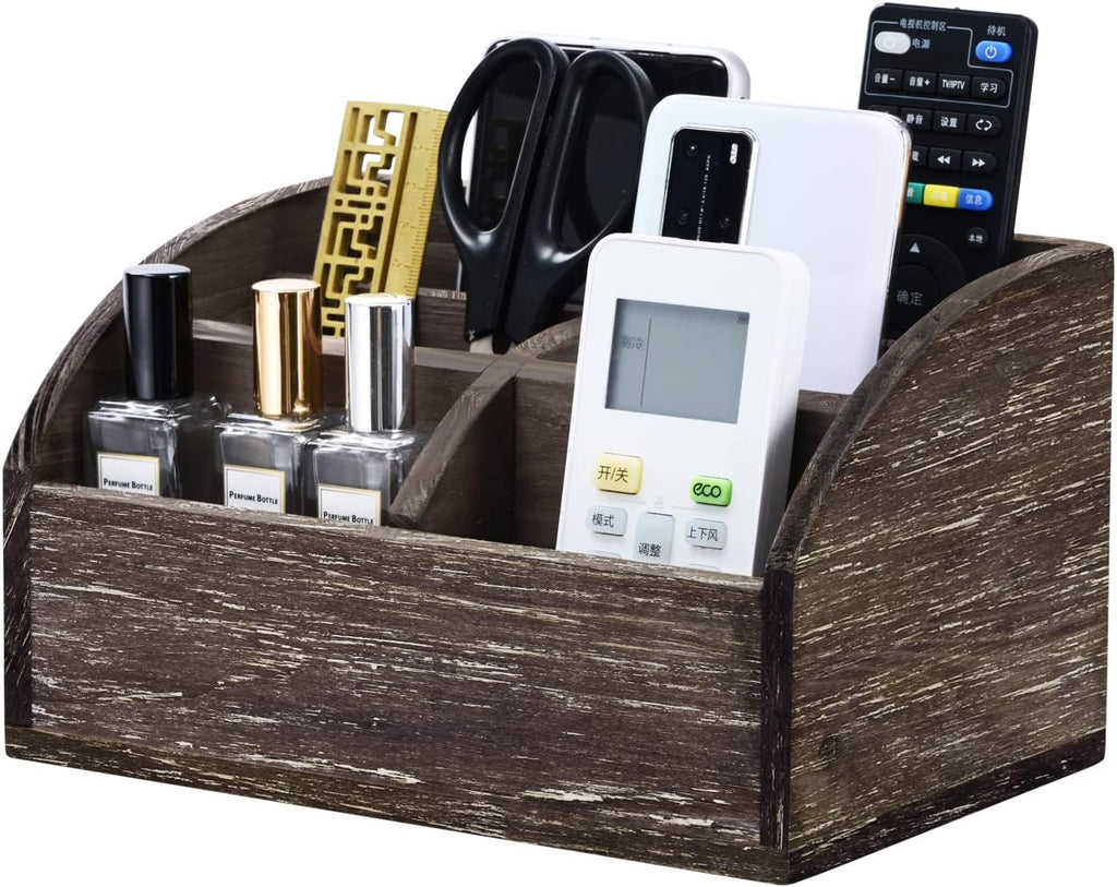 OKSQW Wood Desk Organizer, Solid Wooden Dark Brown Pen Holder for Desktop Organizer, No Need Assembly, Home Office Supplies Workspace Organizers Mail Holder Remote Control Countertop Storage Box