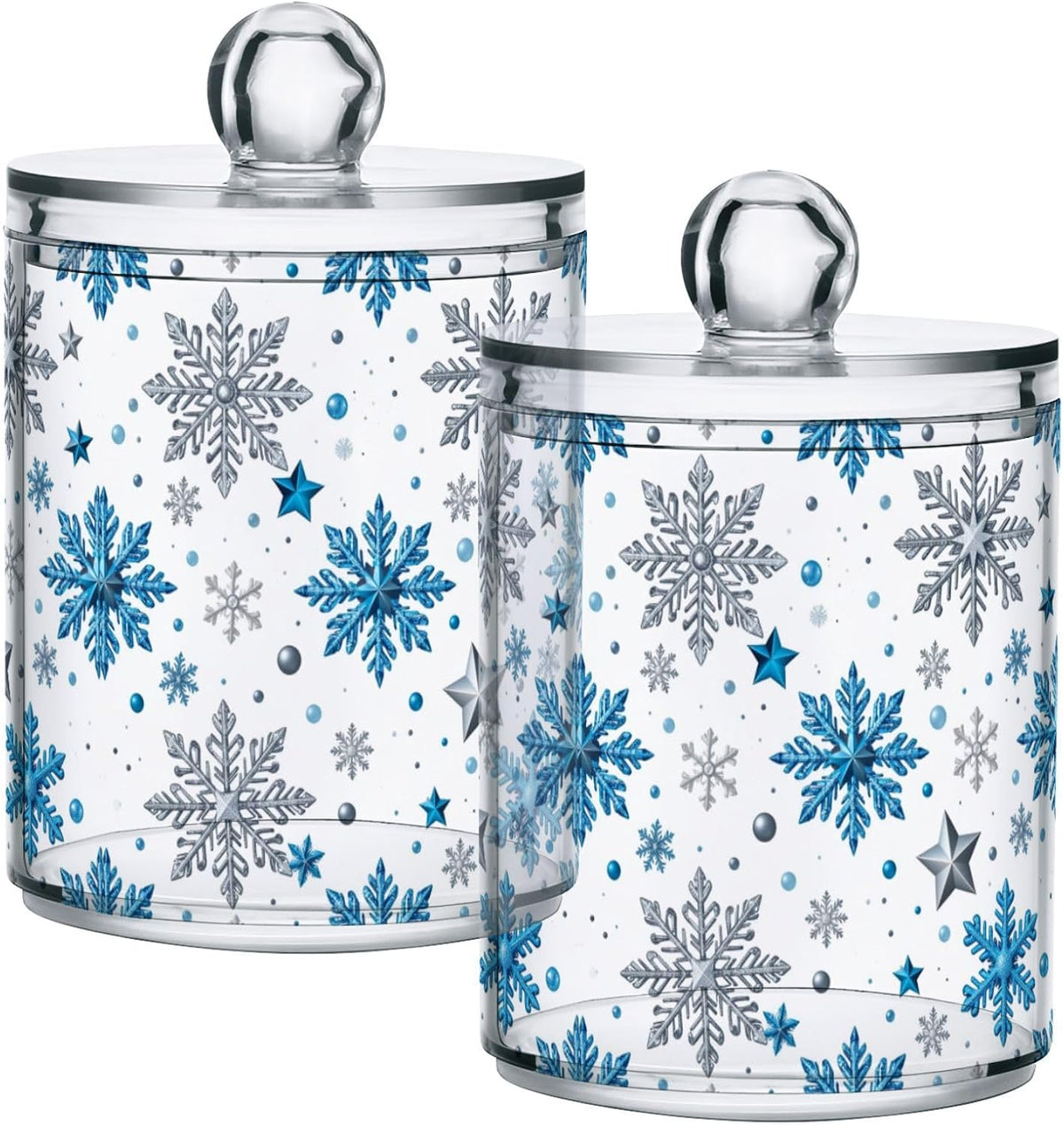 Gredecor Christmas Winter Qtip Holder Dispenser 2 Pack Silver Blue Glitter Snowflakes Bathroom Decorative Storage Canister Holder Counter Vanity Organizer for Cotton Ball Swabs Pads Floss