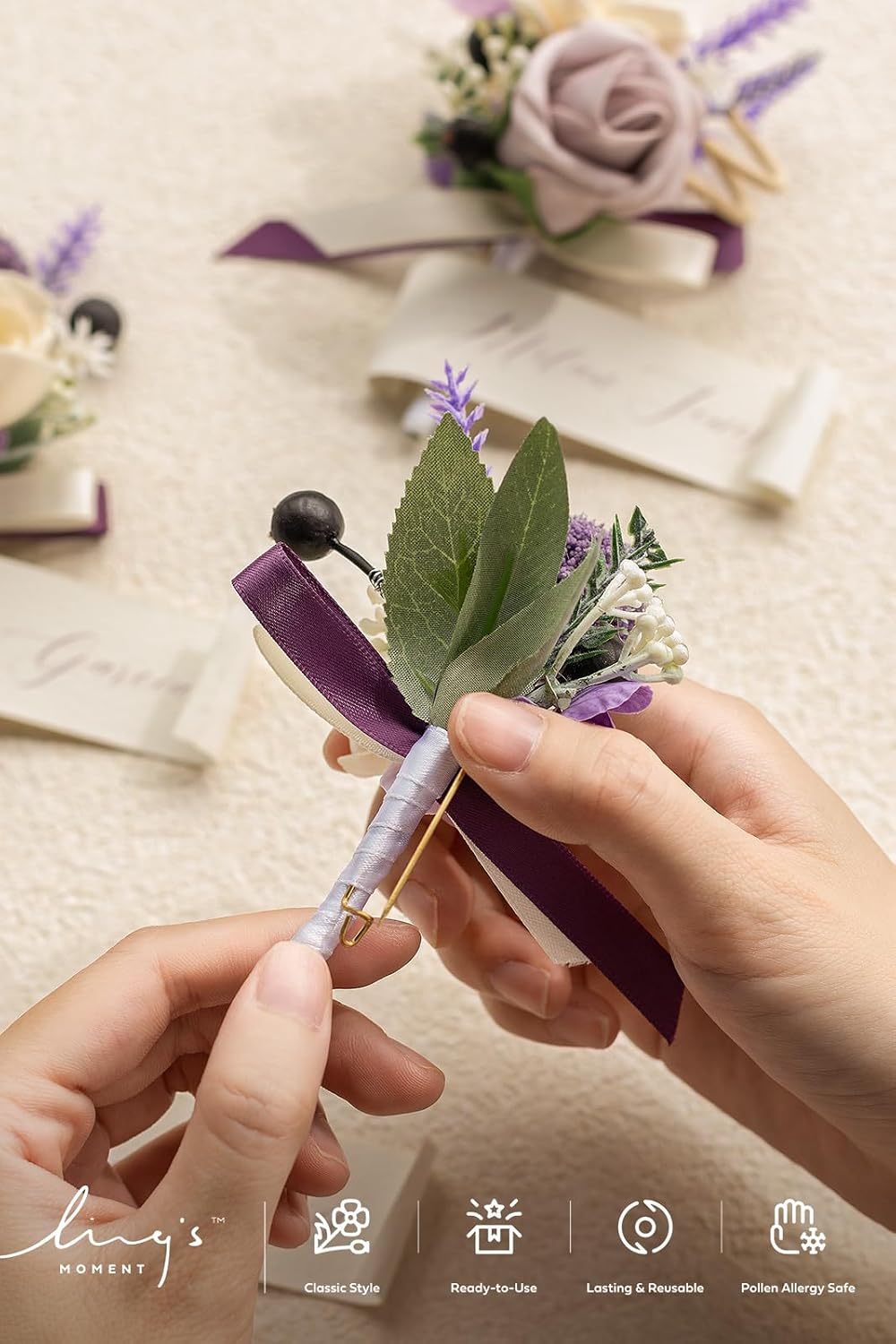 Ling's moment Boutonniere for Men, Purple Lavender Lilac, 6pcs