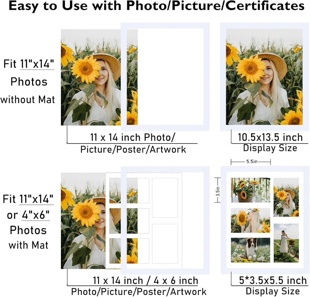 JCJMY 11x14 Collage Picture Frame with Mat, Display 5 Pcs 4x6 Photos or 11x14 Picture, Five Opening 4x6 Picture Frame Collage for Wall Hanging, Lightweight 4 x 6 Multi Photo Frame, White