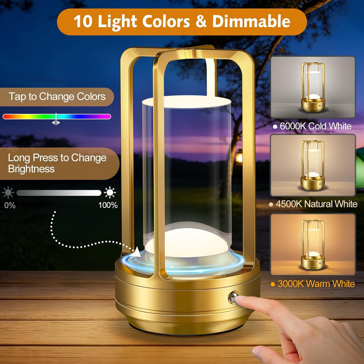 Portable Table Lamp for Outdoor Indoor Cordless Lamp with 10 RGB Colors