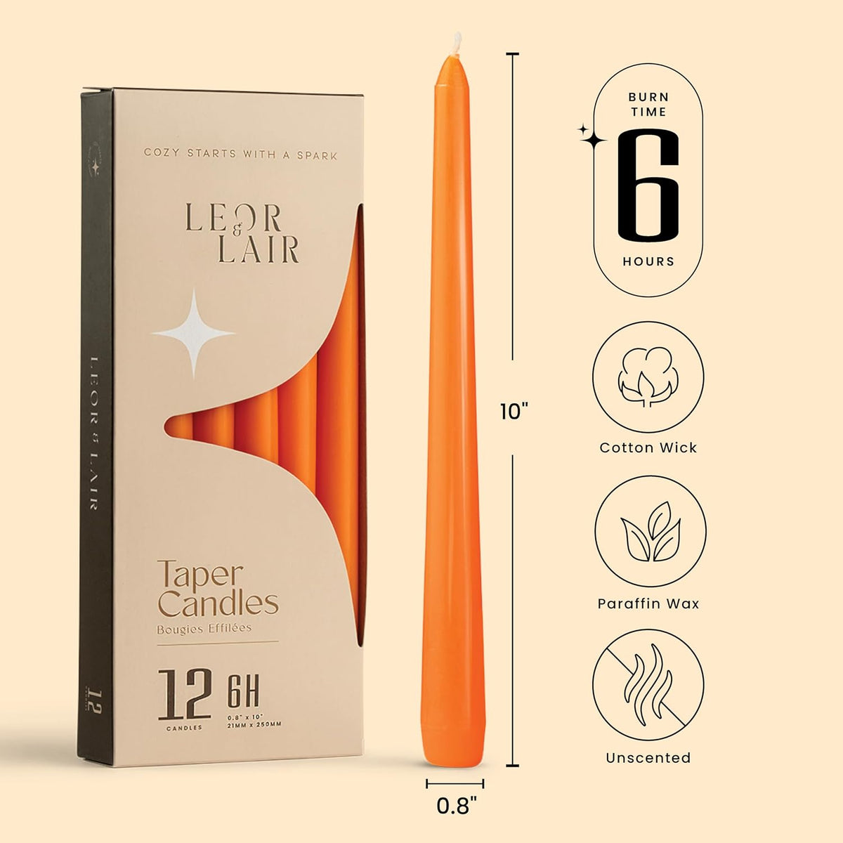 Leor & Lair Orange Taper Candles, 12 Pack, 10 Inch Fall Candlesticks