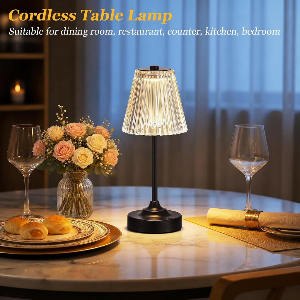 Black Cordless Rechargeable Table Lamp, Touch Battery Powered Lamp, 3 Color Modes, Crystal Acrylic Lampshade, Portable Ambient Night Light for Desk, Bedroom, Living Room, Dining Room, Kitchen, Bar