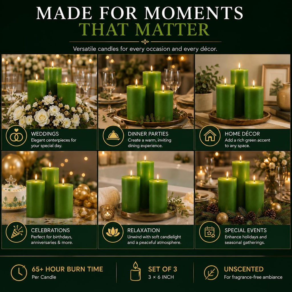 Dinil Green Pillar Candles 3x6 Inch, Set of 3 Unscented Dripless Smokeless Candles, 65+ Hour Burn Time for Wedding Centerpiece, Dinner Table & Home Decor