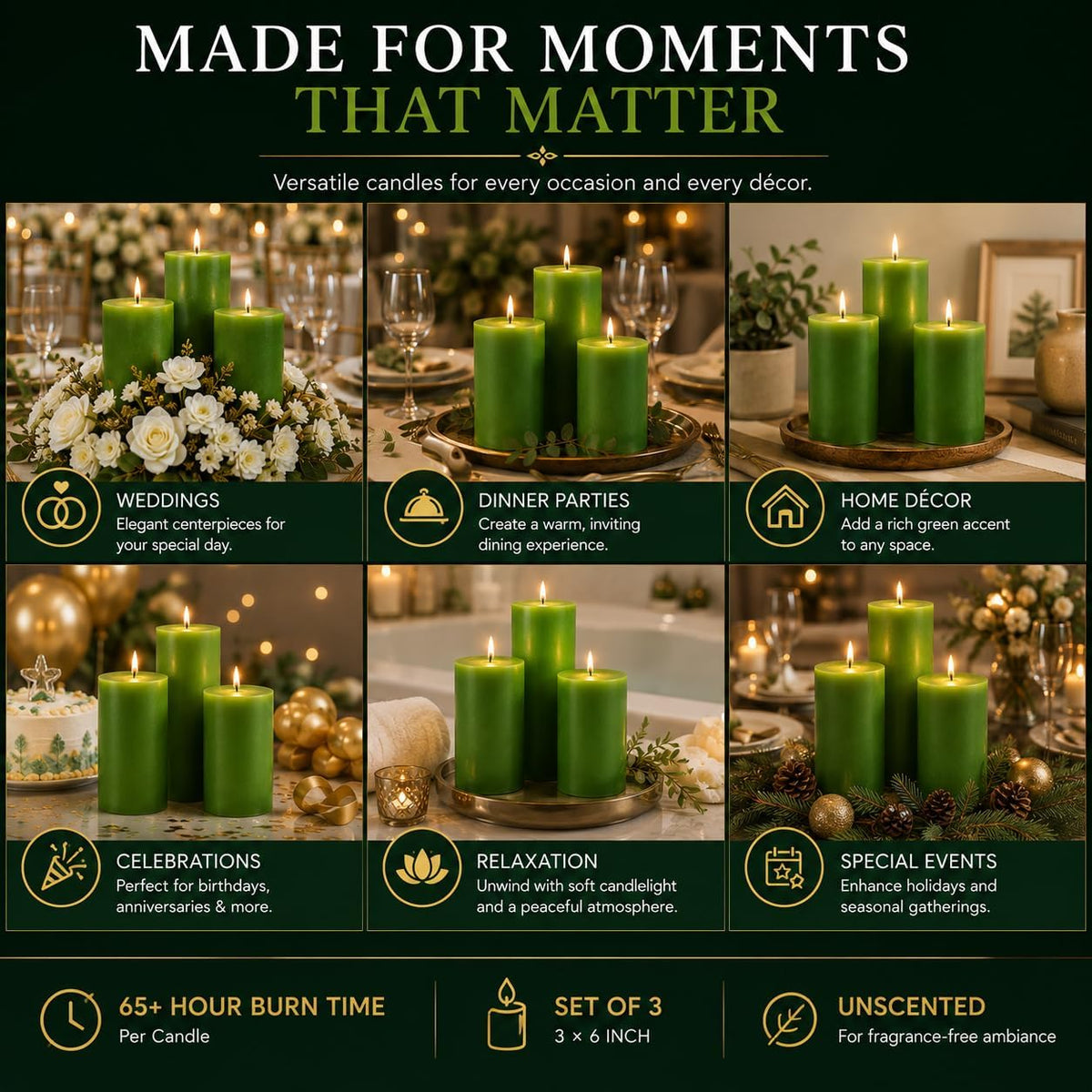Dinil Green Pillar Candles 3x6 Inch, Set of 3 Unscented Dripless Smokeless Candles, 65+ Hour Burn Time for Wedding Centerpiece, Dinner Table & Home Decor
