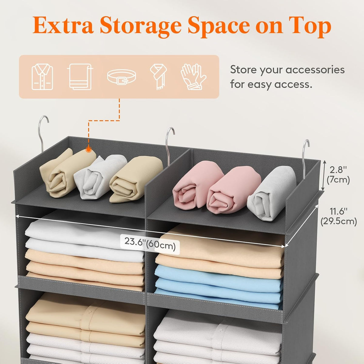 Lifewit 8 Sections Dual-Row Shelf Hanging Closet Storage Organizer, Gray