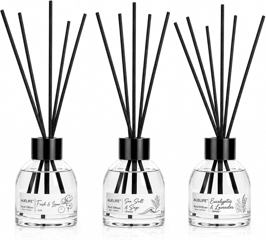 AUEFLIE Reed Diffuser Set of 3, Sea Salt/Eucalyptus Lavender/Fresh Linen