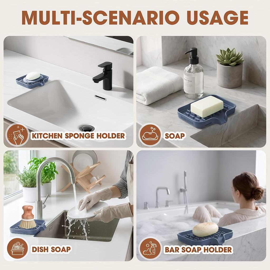CAKETIME 2 Pack Silicone Soap Dish with Drainage Holes for Bathroom Shower Caddy Kitchen Counter Sponge Holder Bar Sink Organizer Tray Container Drying Accessories Small Case Saver Box Stuff Blue