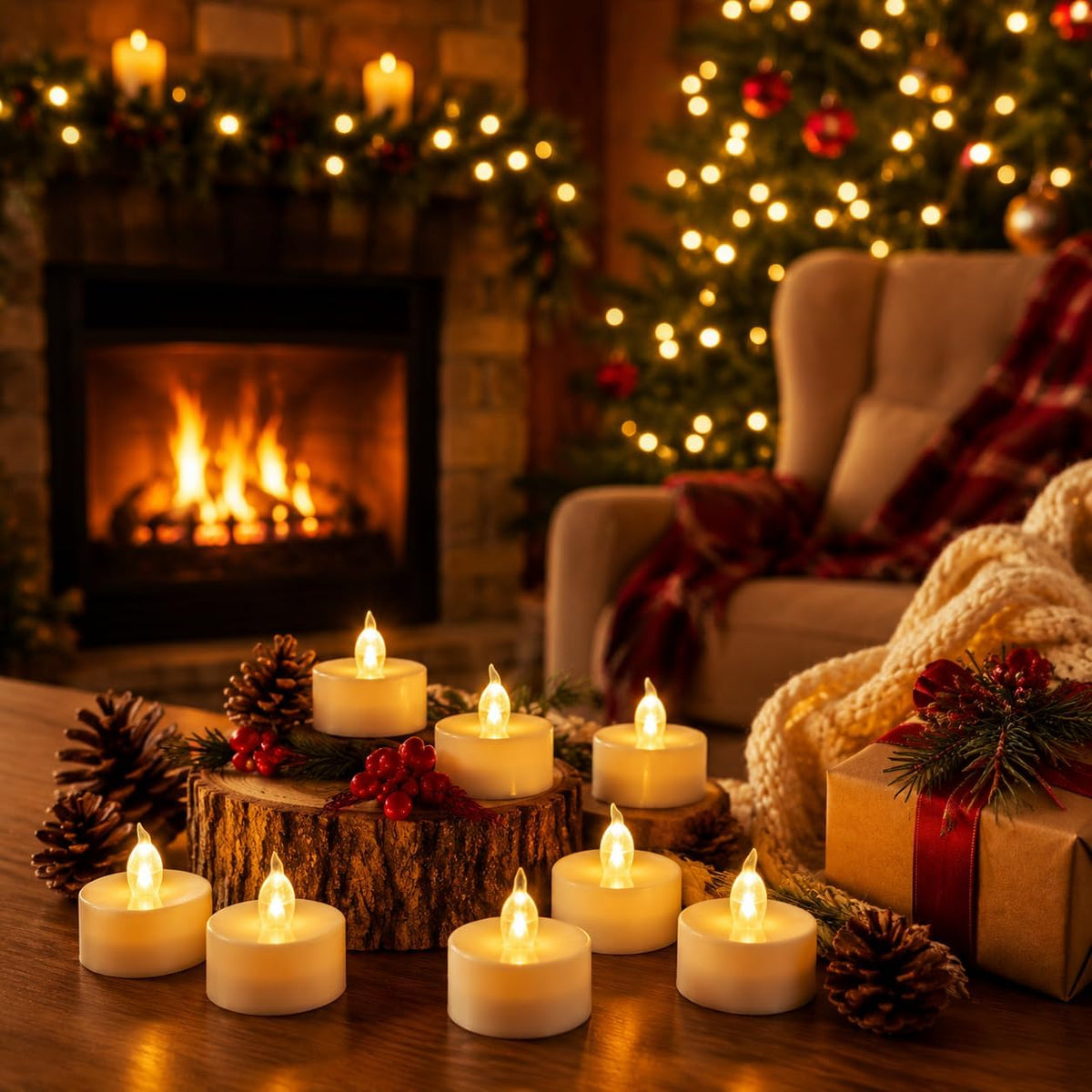 24 Tea Lights Led Flickering with Timer Function (6 hrs on, 18 hrs off), Christmas Mini Flameless Candles Tealights Battery Operated Flickering Warm White for Wedding Party Thanksgiving Decoration